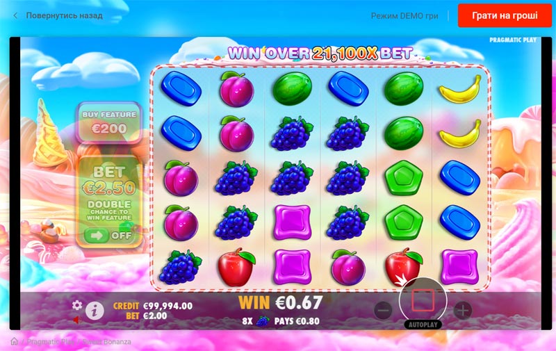 Ігровий екран Sweet Bonanza під час активної фази гри з анімованими фруктами та цукерками, які вибухають для формування виграшних комбінацій